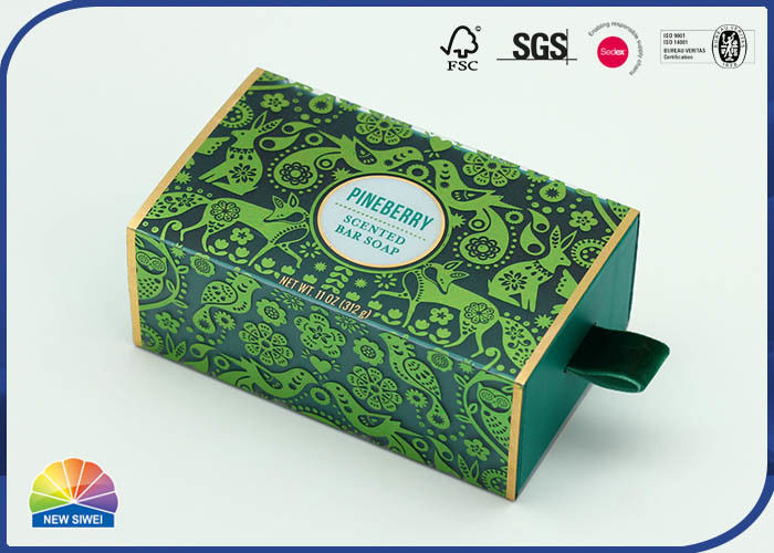 Green Stamping PET Drawer Paper Gift Package Box With Flocking Handle