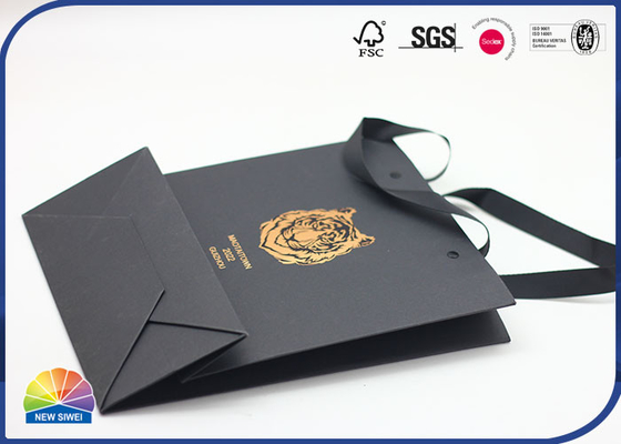 Black Customized Lion Logo Paper Gift Bag Gold Hot Stamping With Silk Handle