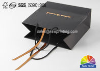Ribbon Decoration Luxury Black Gift Paper Bags With Logo Hot Gold Stamping