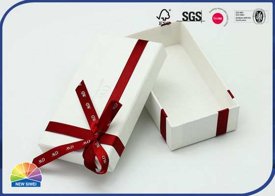 Red Ribbon Decorated Paper Custom Gift Box Hot Silver Stamping