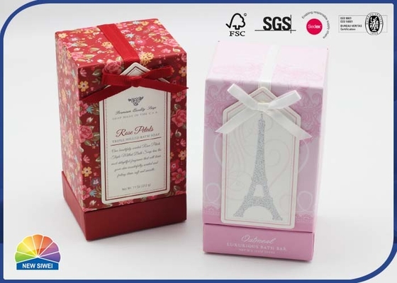 Rigid Handmade Jewelry Paper Gift Box With Bow Ribbon Shimmering Powder