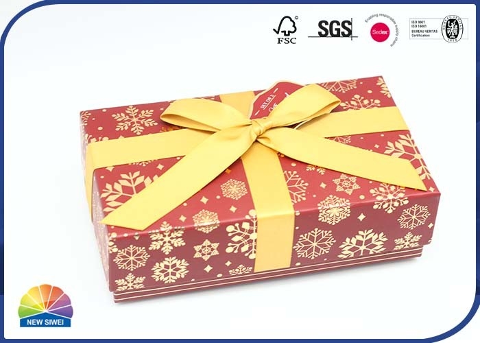 4C Print Christmas Ribbon Decorated Paper Gift Box Gold Stamping Custom
