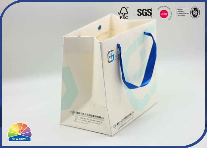 White Coated Paper Shopping Bags Custom Size Matte Lamination With Blue Handle