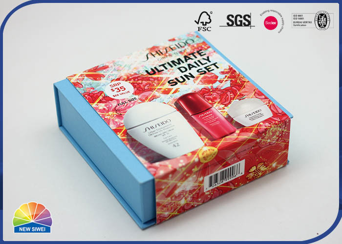 Blue Rigid Hinged Lid Gift Box For Suntan Set Packaging Debossing Logo