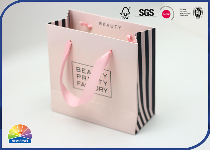 350gsm Coated Paper Shopping Bags Pink Stripe Design Matte Lamination