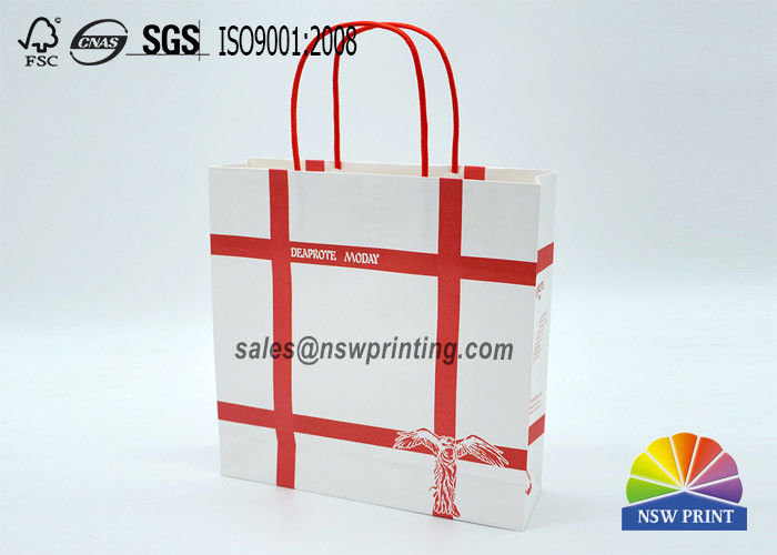 Personalized Recyclable White Custom Paper Shopping Bags With Red Rope Handle​