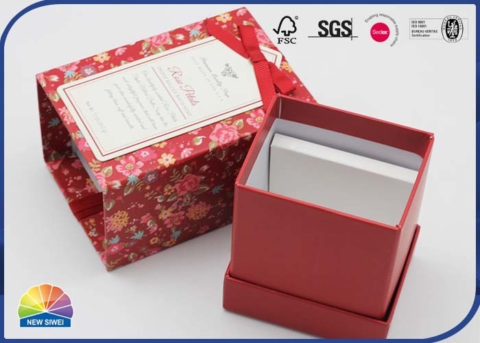 Rigid Handmade Jewelry Paper Gift Box With Bow Ribbon Shimmering Powder