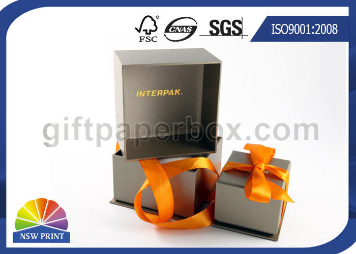 Silver Cardboard / Art Paper Hinged Lid Gift Box With Ribbon Bowknot